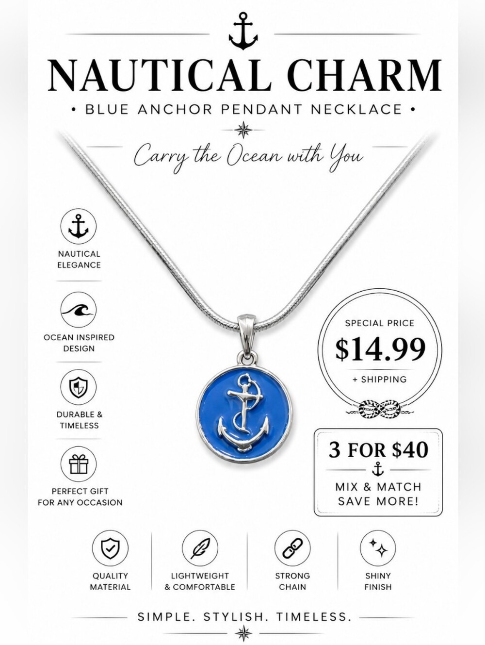 Anchor Pendant Necklace Silver Tone Snake Chain Blue Enamel Nautical Coastal